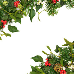 Winter solstice Xmas nature flora background border on white with holly red berries, mistletoe, ivy...