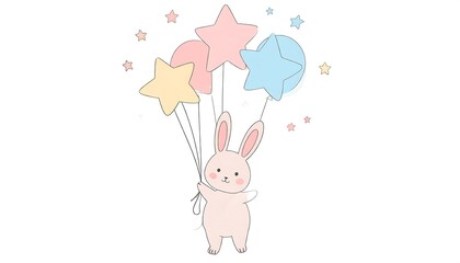 Cute cartoon rabbit holding colorful star-shaped balloons in a whimsical pastel background design