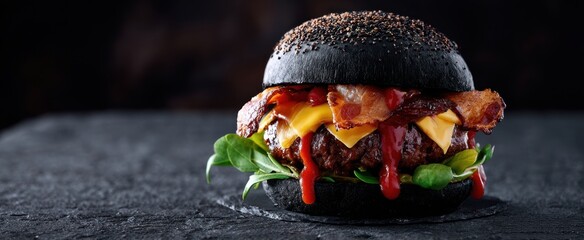 The gourmet burger with black bun, cheese, and crispy bacon on a dark surface.