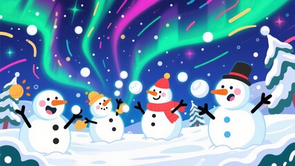 Fototapeta premium A whimsical winter scene features cheerful snowmen enjoying a snowball fight under the mesmerizing aurora borealis, amidst a snowy landscape with playful confetti-like elements