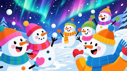 Fototapeta premium Cheerful snowmen playing in the snow under the magical glow of the Northern Lights, exuding winter joy and creating a festive atmosphere in a snowy wonderland .