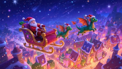 Naklejka premium Santa Claus in a sleigh being pulled by two green dragons wearing Santa hats flies over a charming town at night spreading Christmas cheer and wonderment