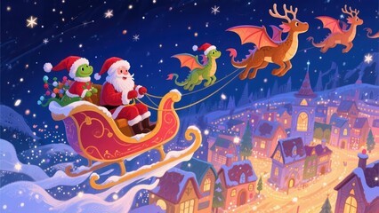 Santa Claus with a dinosaur friend in a sleigh pulled by dragons flies over a magical town covered in snow at night, delivering Christmas cheer and presents .