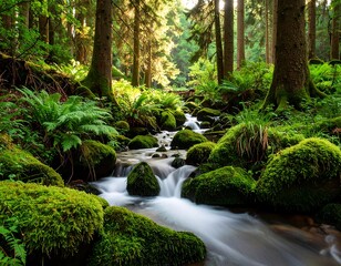 Obraz premium Forest stream with mossy rocks (1)