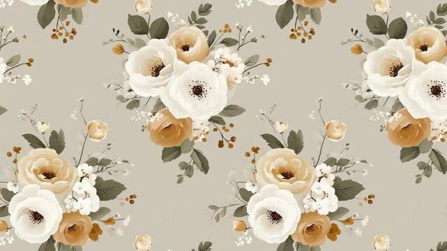 Floral Tile Loop: Beige Background with White and Gold Roses