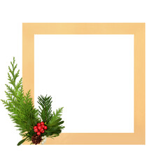 Christmas winter holly red berries traditional flora, mistletoe, fir ivy on minimal gold background border on white. Festive Xmas abstract design for holiday season.
