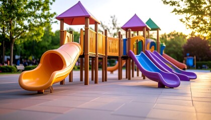 Colorful Playground Equipment with Slides and Play Structures in a Sunny Park Setting