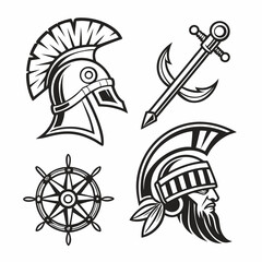 Fototapeta premium Greek helmet anchor ship wheel sword nautical emblem set