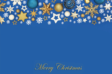 Fototapeta premium Merry Christmas blue gold, white decorations banner design with stars, snowflakes and ball spheres. Festive winter theme abstract for seasonal holiday sparkle. With phrase.