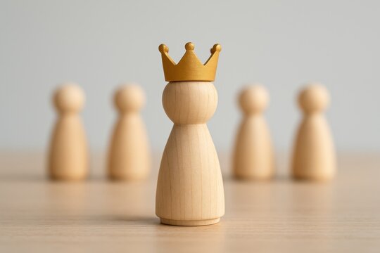 A wooden pawn piece with a golden crown stands prominently while four blurred pawns are in the background, symbolizing leadership or royalty.