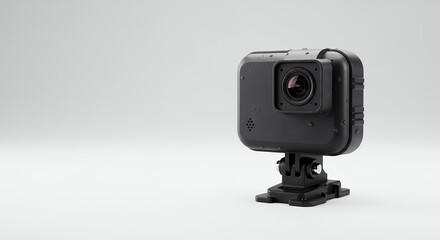 Black action camera isolated on light gray background