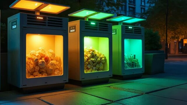 Waste sorting bins illuminated at night in an urban environment Concept of ecology  
