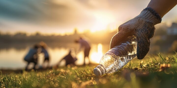 The hand reaching for a plastic bottle during an environmental cleanup initiative.