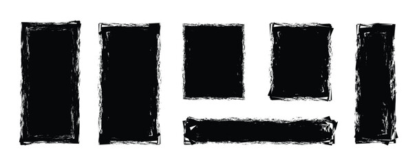 Set of rectangular grunge template backgrounds. Black  shapes with ripped jagged borders on white background. Vintage grunge boxes for collage, text, banner, sticker design. Brush stroke. 
