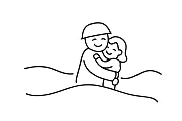 Fototapeta premium Soldier dad hugging child line drawing illustration