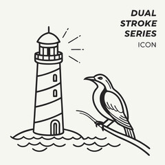 Lighthouse bird seascape minimalist line art icon illustration