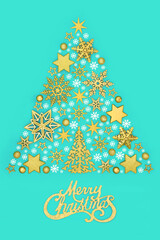 Merry Christmas sign with tree bauble decoration concept shape, gold snowflake and stars, white snowflakes on turquoise background. Surreal symbol, phrase.