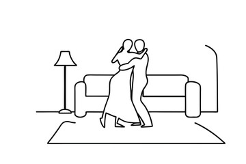 Couple embracing in living room line drawing minimalist illustration