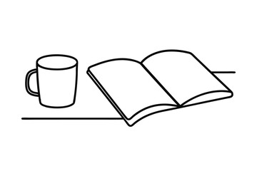 Simple line drawing mug and open book on table
