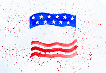 Childlike art style watercolor american flag with paint splashes with space for text. USA Independence Day art