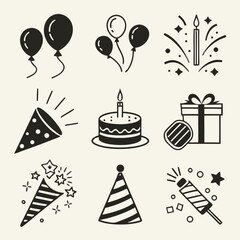 Happy birthday party celebration icons set black and white
