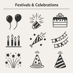 Festive celebration icons balloons cake candles party hats
