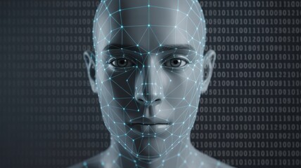 Human face with a digital grid, facial recognition and binary code.