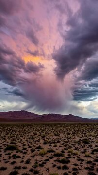 Microburst rain falling over desert landscape at sunset