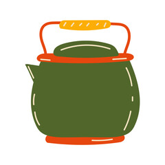 green metal teapot with spout and handle. Doodle for stickers. Vector illustration, hand drawn.