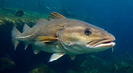 Fototapeta premium Macro Photography of a Cod in Natural Submerged Environment with Clear Water Clarity and Blue Tones 