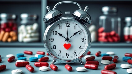 Silver alarm clock with red heart, surrounded by pills and medicine bottles