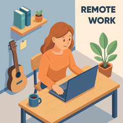 Remote Work Illustration of Woman Using Laptop at Home Office