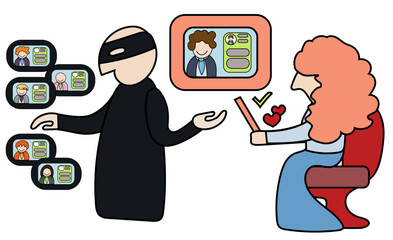 A criminal presenting a perfect online dating profile using a fake identity to a girl searching for love. Concept of catfishing. 