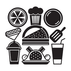 Black and White Food Icons – Orange, Cupcake, Cake & Ice Cream