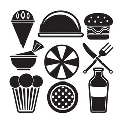 Black and White Food Icons Grid – Ice Cream, Hamburger, Pie & More
