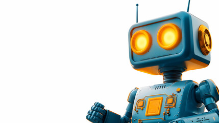 Fototapeta premium Retro Blue Robot with Glowing Orange Eyes on White Background