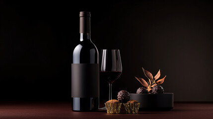Red Wine Bottles with Gold-Foil Chocolate Truffles on Dark Gradient Background with copy space