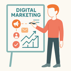 Flat Style Illustration of a Man Presenting Digital Marketing Strategy on Whiteboard