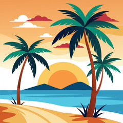 Palm Trees on Tropical Beach with Ocean Waves and Sunlight – Vector Illustration