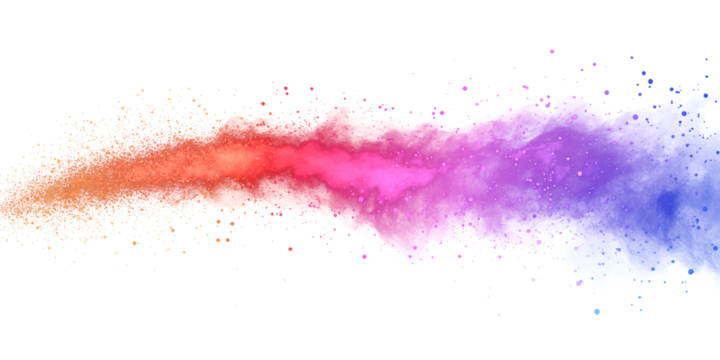 Thrown multicolored paint particles on transparent background. Nebula. Colored smoke effect. Design element.