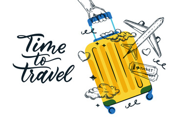 Travel and summer vacation vector sketch illustration of hand carry luggage, ticket plane. Banner poster design elements