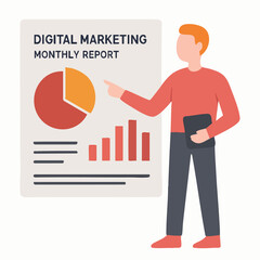 Flat Illustration Man Presenting Digital Marketing Monthly Report Graph Presentation