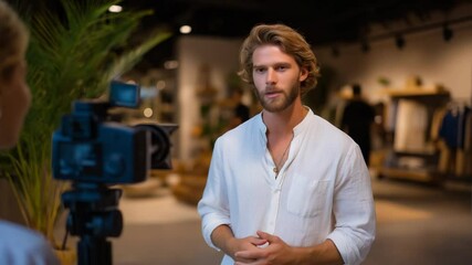 Startup founders creating engaging product demo video in concept store