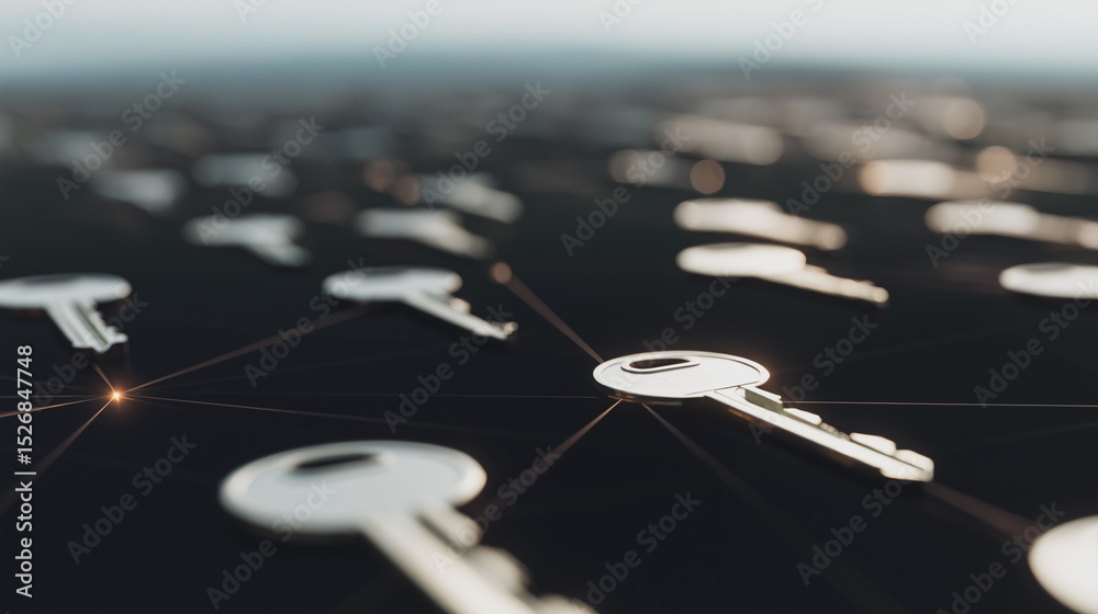 Poster networked security: abstract, high-angle view of keys linked by digital networks, representing data 