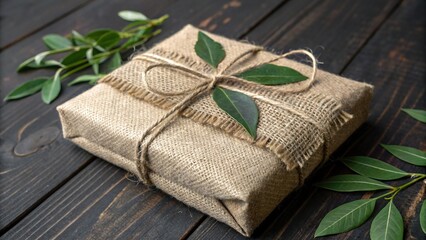 Eco Friendly Gift Wrapped in Burlap and Twine with Fresh Green Leaves