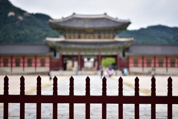 Selective focus of entrance gate to the Gyeongbokgung royal palace of the Joseon dynasty in Seoul, South Korea