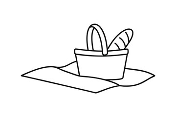 Picnic basket line drawing on blanket with bread