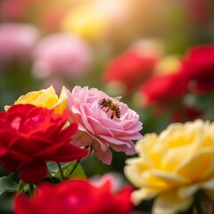 close up of a bee pollinating in a sunny garden full of flowers as the concept of the protection of natural environment 