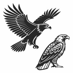 Majestic eagles in flight and resting pose black and white illustration