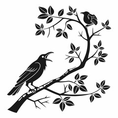 Two birds perched on a branch with leaves black silhouette